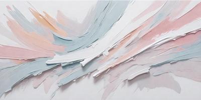 The primary subject of the image is a painting, which is displayed on a white surface. The painting features a mix of colors, including pink, blue, and white, creating a visually appealing and artistic scene. The setting appears to be a studio or an art gallery, where the painting is showcased for viewers to appreciate its beauty and craftsmanship. The visual style of the painting suggests that it is a traditional artwork, rather than a digital or illustration piece. Overall, the painting evokes a