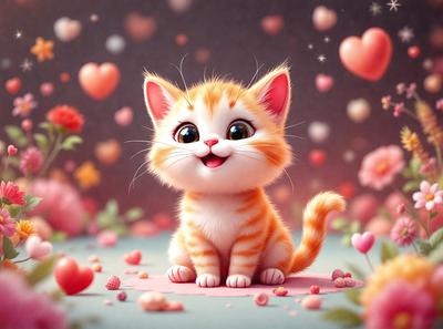 The primary subject of the image is a small, cute, and fluffy orange and white kitten sitting on a pink surface. The setting is a room with a pink background, and the visual style is a digital art or illustration. The colors and mood of the image are predominantly pink and warm, creating a cozy and inviting atmosphere.