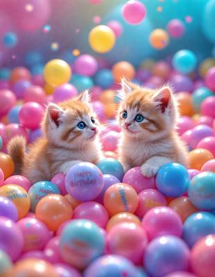 The primary subject of the image is two cats sitting on a pile of pink and blue balloons. The setting is a playful and colorful environment, with the cats surrounded by the balloons. The visual style appears to be a combination of photo and digital art, as the cats are depicted in a realistic manner while the balloons are digitally created. The colors and mood of the image are vibrant and cheerful, with the pink and blue balloons adding a sense