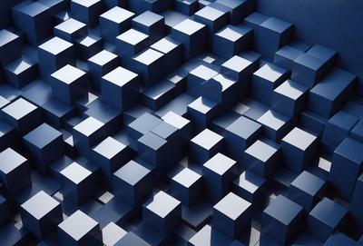 The primary subject of the image is a three-dimensional blue cube pattern. The setting is a blue background, and the visual style is digital art. The dominant colors are blue and white, creating a calm and soothing atmosphere.