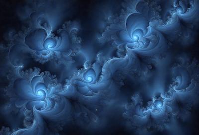 The primary subject of the image is a blue spiral pattern, which is the main object, scene, or focus of the image. The setting or background is a dark blue sky, and the visual style appears to be a digital art or illustration. The dominant colors in the image are blue and black, creating a moody and atmospheric mood.