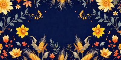 The primary subject of the image is a close-up of a corn cob with a flower pattern on it. The setting is a blue background, which adds a contrasting color to the scene. The visual style is a combination of a photo and a digital art, illustration, or drawing. The dominant colors are yellow and orange, which create a warm and vibrant atmosphere.