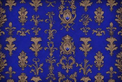 The primary subject of the image is a blue wall with a gold and blue patterned design. The setting is a room with a blue background, and the visual style appears to be a combination of digital art and illustration. The dominant colors are blue and gold, creating a rich and luxurious atmosphere.