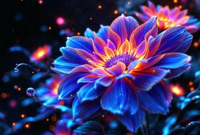The primary subject of the image is a large, vibrant blue flower with a yellow center. The flower is surrounded by a blue background, which adds to the overall visual style. The colors and mood of the image are predominantly blue and purple, creating a serene and calming atmosphere.