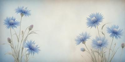 The primary subject of the image is a group of blue flowers. The setting is a white background, which creates a clean and minimalist appearance. The visual style is a combination of digital art and illustration, giving the flowers a vibrant and lively appearance. The dominant colors are blue and white, creating a calm and serene atmosphere.