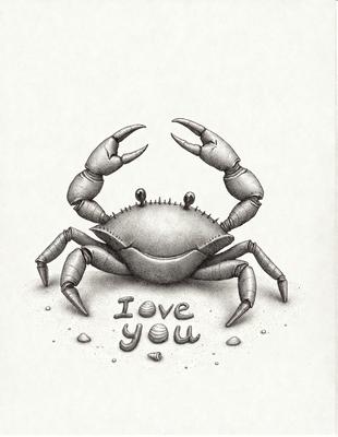 The primary subject of the image is a crab, which is the main object, scene, or focus of the image. The crab is depicted in a drawing or illustration style, with a combination of black and white colors, giving it a more artistic and detailed appearance. The setting or background of the image features a rocky surface, which adds to the overall atmosphere and visual style of the image.