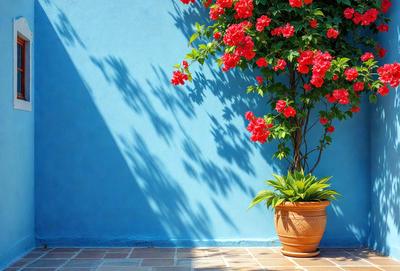 The primary subject of the image is a potted plant with red flowers, which is placed on a brick floor. The setting is a blue wall, and the visual style appears to be a photo. The dominant colors in the image are blue and red, creating a vibrant and lively atmosphere.
