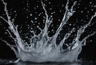 The primary subject of the image is a splash of water, which is the main focus of the scene. The water is captured in mid-air, creating a dynamic and visually striking moment. The setting is a black background, which contrasts with the water and adds to the dramatic effect. The visual style of the image is a close-up of the water splash, emphasizing the details and texture of the water droplets. The colors and mood of the image are predominantly dark, with the water being the