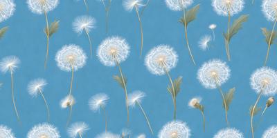 The primary subject of the image is a pattern of dandelions, with each dandelion being a different size and positioned on a blue background. The setting is a wallpaper or fabric design, featuring a mix of white and yellow dandelions. The visual style is a combination of digital art and illustration, creating a unique and eye-catching pattern. The colors and mood of the image are predominantly white and yellow, giving it a fresh and cheerful appearance.