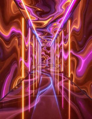 The primary subject of the image is a long, narrow hallway with a purple and pink color scheme. The hallway is illuminated by a series of bright, colorful lights that create a vibrant and lively atmosphere. The setting is a futuristic, artistic environment, likely a part of a larger space or structure. The visual style of the image is a combination of digital art and illustration, with the use of bright colors and lighting effects to create a unique and captivating scene.