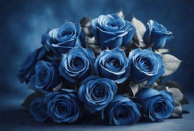 The primary subject of the image is a bouquet of blue roses. The setting is a blue background, which creates a striking contrast with the blue flowers. The visual style is a close-up of the bouquet, showcasing the details of the flowers. The colors and mood of the image are predominantly blue, giving it a calm and serene atmosphere.