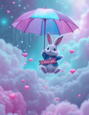 The primary subject of the image is a cute bunny holding a heart-shaped sign that reads "I Miss You." The setting is a cloudy sky, and the visual style is a digital art or illustration. The dominant colors are pink and blue, creating a warm and loving atmosphere.