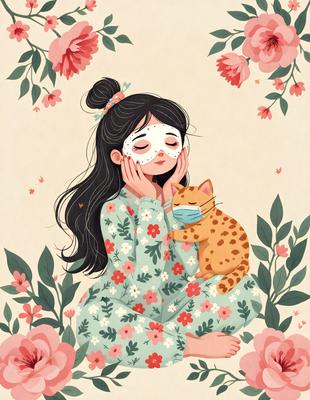 The primary subject of the image is a woman wearing a mask and sitting next to a cat. The woman is wearing a flowery dress, and the cat is also wearing a mask. The setting is a garden, with flowers surrounding the woman and the cat. The visual style is a combination of digital art and illustration, creating a whimsical and artistic atmosphere. The dominant colors are pink and purple, which contribute to the overall mood of the image.