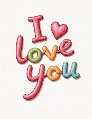 The primary subject of the image is a heart-shaped sign that says "I love you." The setting is a white background, and the visual style is a digital art or illustration. The heart is made up of various candy pieces, giving it a colorful and playful appearance. The dominant colors are red, pink, and yellow, creating a warm and affectionate mood.