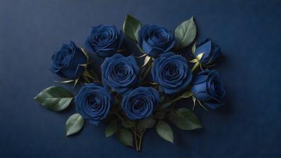 The primary subject of the image is a bouquet of blue roses. The setting is a dark blue background, which creates a dramatic and moody atmosphere. The visual style is a close-up of the bouquet, showcasing the details of the flowers. The colors and mood of the image are predominantly dark and mysterious, with the blue roses being the main focal point.