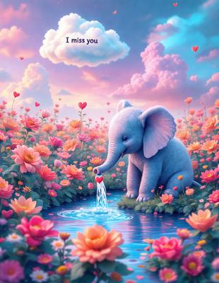 The primary subject of the image is a baby elephant, which is the main focus of the scene. The elephant is standing next to a pond, surrounded by a beautiful garden of flowers. The setting is a vibrant and colorful environment, with the pond and flowers creating a serene and picturesque atmosphere. The visual style of the image is a digital art or illustration, with the baby elephant and flowers depicted in a detailed and artistic manner. The colors and mood of the image are