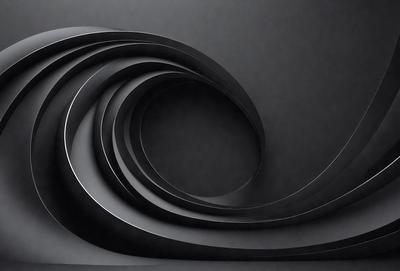 The primary subject of the image is a series of black, curved, and spiraling shapes. These shapes are arranged in a circular pattern, creating a visually striking composition. The setting is a black background, which contrasts with the shapes and emphasizes their form. The visual style of the image is a combination of digital art and illustration, as the shapes are intricately crafted and the overall composition is artistic. The colors and mood of the image are predominantly dark and dramatic, with the black background and