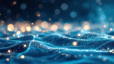 The primary subject of the image is a blue background with a pattern of bright lights, creating a visually appealing and dynamic scene. The setting appears to be a dark space, possibly a night sky, with the bright lights illuminating the background. The visual style of the image is a combination of digital art and illustration, as the lights are arranged in a way that resembles a wave or a flowing pattern. The colors and mood of the image are predominantly blue, with the bright lights adding a sense of energy