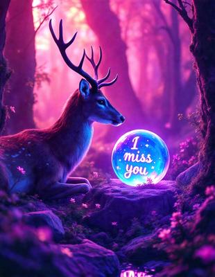 Primary subject: A deer with antlers.
Setting/background: A forest with purple lighting.
Visual style: Digital art.
Colors and mood: Purple and pink lighting, creating a magical and whimsical atmosphere.