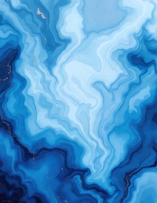 The primary subject of the image is a blue and white abstract art piece, which appears to be a painting or a digital artwork. The setting is a blue background, which complements the artwork's colors. The visual style is a combination of photo and digital art, creating a unique and eye-catching piece. The dominant colors are blue and white, giving the artwork a calming and serene atmosphere.