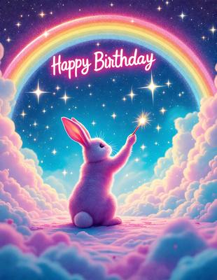 The primary subject of the image is a pink bunny rabbit. The setting is a pink and purple sky, with a rainbow in the background. The visual style is digital art, and the colors and mood are bright, cheerful, and whimsical.