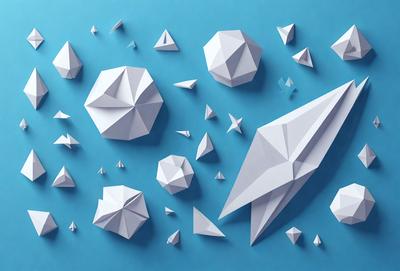 The primary subject of the image is a large, intricately designed paper airplane. The airplane is the focal point of the scene, and it is positioned in the center of the image. The setting is a blue background, which provides a contrasting and visually appealing backdrop for the paper airplane. The visual style of the image is a combination of digital art and illustration, as the paper airplane is skillfully crafted and detailed. The colors and mood of the image are predominantly blue,