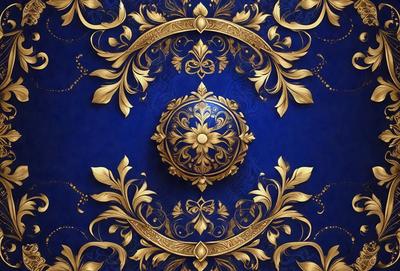 The primary subject of the image is a gold and blue decorative design, likely a wallpaper or a patterned fabric. The setting is a blue background, which complements the gold and blue colors of the design. The visual style appears to be a digital art or illustration, as the design is intricate and detailed. The colors and mood of the image are vibrant and elegant, with the gold and blue hues creating a sense of luxury and sophistication.