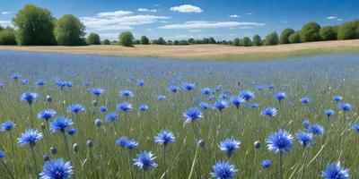 The primary subject of the image is a field of blue flowers, with a grassy background. The visual style appears to be a photo of the field, capturing the beauty of the flowers and the surrounding environment. The colors and mood of the image are predominantly blue, creating a serene and peaceful atmosphere.