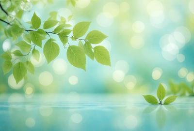 The primary subject of the image is a leaf floating on a body of water, possibly a lake or a pond. The leaf is surrounded by a lush green environment, which adds to the overall atmosphere of the scene. The visual style of the image is a combination of photo and digital art, creating a vibrant and natural setting. The colors and mood of the image are predominantly green, with the leaf being the focal point, and the surrounding environment providing a sense of tranquility and serenity.