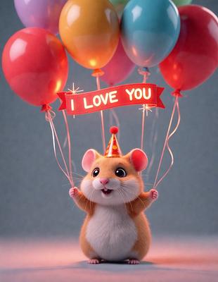 The primary subject of the image is a cartoon hamster holding a balloon that says "I love you." The setting is a white background, and the visual style is digital art. The dominant colors are pink and red, creating a warm and affectionate atmosphere.