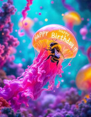 The primary subject of the image is a bee sitting on top of a pink, purple, and yellow jellyfish. The setting is a vibrant, colorful underwater environment, with the jellyfish and the bee as the main objects of focus. The visual style is a combination of photo and digital art, creating a unique and eye-catching scene. The colors and mood of the image are lively and cheerful, with the bright colors of the jellyfish and the bee's yellow
