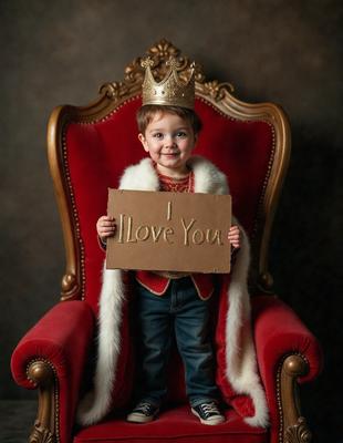The primary subject of the image is a young boy wearing a crown and holding a sign that reads "I love you." The setting is a chair, and the visual style appears to be a photo. The colors in the image are predominantly red, and the overall atmosphere is warm and affectionate.