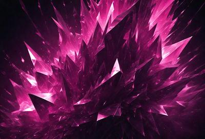 The primary subject of the image is a large, pink, purple, and black crystal-like structure. The setting is a dark, purple background, which contrasts with the bright colors of the crystal. The visual style appears to be a combination of digital art and illustration, creating a unique and intriguing design. The colors and mood of the image are vibrant and energetic, with the pink and purple hues evoking a sense of warmth and depth.