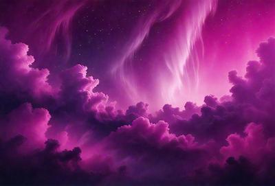 The primary subject of the image is a purple sky with clouds, creating a beautiful and serene atmosphere. The setting is a night sky, with the clouds and the purple hue creating a unique and visually striking scene. The visual style of the image is a combination of digital art and illustration, with the purple clouds and the overall composition creating a sense of depth and dimension. The colors and mood of the image are predominantly purple, with the clouds adding a touch of white and gray. The overall atmosphere is