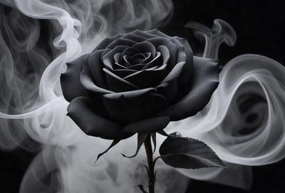 The primary subject of the image is a single black rose. The rose is prominently displayed in the foreground, with a dark background that contrasts with the rose's vibrant color. The visual style of the image is a close-up, which emphasizes the rose's details and texture. The overall atmosphere of the image is dramatic and moody, with the black rose standing out against the dark background.