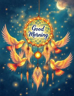 Good morning, a beautiful and colorful image of a dream catcher with yellow birds and a blue background. The dream catcher is hanging from the ceiling, and the birds are flying around it. The overall atmosphere is warm and inviting, with the vibrant colors and the presence of the birds creating a sense of positivity and hope.