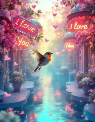 The primary subject of the image is a small bird, which is flying in the air. The bird is surrounded by a beautiful and colorful environment, featuring pink flowers and a waterway. The setting appears to be a fairy tale or fantasy-like scene, with the bird as the main focus. The visual style of the image is a combination of photo and digital art, creating a vibrant and whimsical atmosphere. The colors and mood of the image are predominantly pink and light-hearted, ev