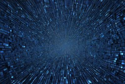 The primary subject of the image is a blue and black space background with a bright light in the center. The setting is a dark, starry sky, and the visual style is a combination of digital art and illustration. The colors and mood of the image are predominantly dark and mysterious, with the bright light in the center creating a focal point.