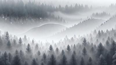 Primary subject: Trees
Setting/background: Snowy forest
Visual style: Digital art
Colors and mood: Gray, white, and black