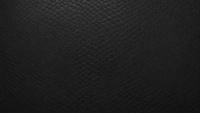 The primary subject of the image is a close-up of a black leather surface. The setting is a black background, which creates a striking contrast with the leather. The visual style is a realistic representation of the leather, showcasing its texture and pattern. The colors and mood of the image are predominantly dark, with the black leather being the main focus.