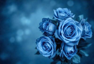 The primary subject of the image is a bouquet of blue roses. The setting is a blue background, which creates a striking contrast with the blue roses. The visual style is a photo, capturing the beauty of the blue roses in a close-up shot. The colors and mood of the image are predominantly blue, giving it a serene and calming atmosphere.