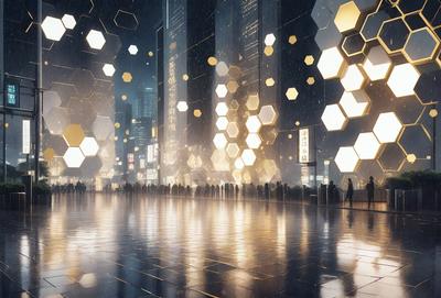 The primary subject of the image is a large group of people standing in a city square. The setting is a city environment, with tall buildings and a busy atmosphere. The visual style is a combination of photo and digital art, creating a unique and artistic representation of the scene. The colors and mood are predominantly dark, with a focus on the people and the urban landscape.