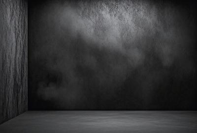 The primary subject of the image is a black wall with a gray background. The setting appears to be a dark room, possibly a studio or a room with a black backdrop. The visual style of the image is a black and white photo, which adds a sense of drama and contrast to the scene. The dominant colors are black and gray, creating a moody and dramatic atmosphere.