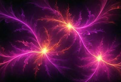The primary subject of the image is a purple and orange flame pattern. The setting is a dark background, which contrasts with the bright colors of the flame pattern. The visual style appears to be a digital art or illustration, as the flame pattern is intricately detailed and has a vibrant, luminous appearance. The dominant colors in the image are purple and orange, creating a warm and inviting atmosphere.