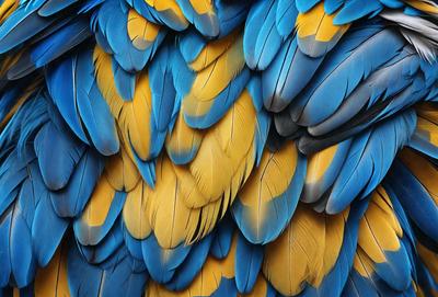 The primary subject of the image is a close-up of a blue and yellow bird with its wings spread. The bird's feathers are vibrant and colorful, creating a lively and energetic atmosphere. The setting is a natural environment, with the bird standing on a branch. The visual style is a close-up, which emphasizes the bird's feathers and details. The colors and mood of the image are predominantly blue and yellow, which are associated with warmth, energy, and happiness.