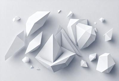 The primary subject of the image is a collection of white geometric shapes, which are arranged in various positions and orientations. The setting is a white background, which provides a clean and minimalist appearance. The visual style is a combination of digital art and illustration, as the shapes are created using a computer program or digital drawing tool. The colors and mood of the image are predominantly white, giving it a clean, modern, and minimalist feel.