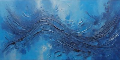 The primary subject of the image is a painting of a blue ocean with waves. The setting is a blue background, and the visual style appears to be a digital art or illustration. The dominant colors in the painting are blue and white, creating a serene and calming atmosphere.