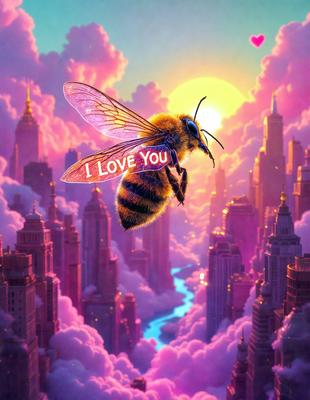 The primary subject of the image is a bee flying in the air. The setting is a cityscape with tall buildings and a river. The visual style is a digital art or illustration, creating a whimsical and playful atmosphere. The colors are predominantly pink and purple, giving the scene a warm and inviting feel.
