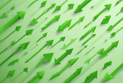 The primary subject of the image is a green background with numerous green arrows pointing upwards. The setting is a wall or a surface with a pattern of green arrows. The visual style is a combination of digital art and illustration, creating a vibrant and lively atmosphere. The colors and mood are predominantly green, giving the image a fresh and energetic feel.