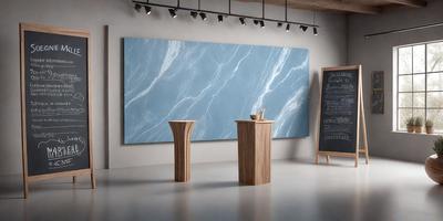 The primary subject of the image is a wooden table with a bowl on top of it. The table is placed in a room with a large blue marble wall behind it. The setting appears to be a modern and stylish environment. The visual style of the image is a photo, capturing the details of the wooden table and the blue marble wall. The colors and mood of the image are predominantly blue, creating a calm and sophisticated atmosphere.
